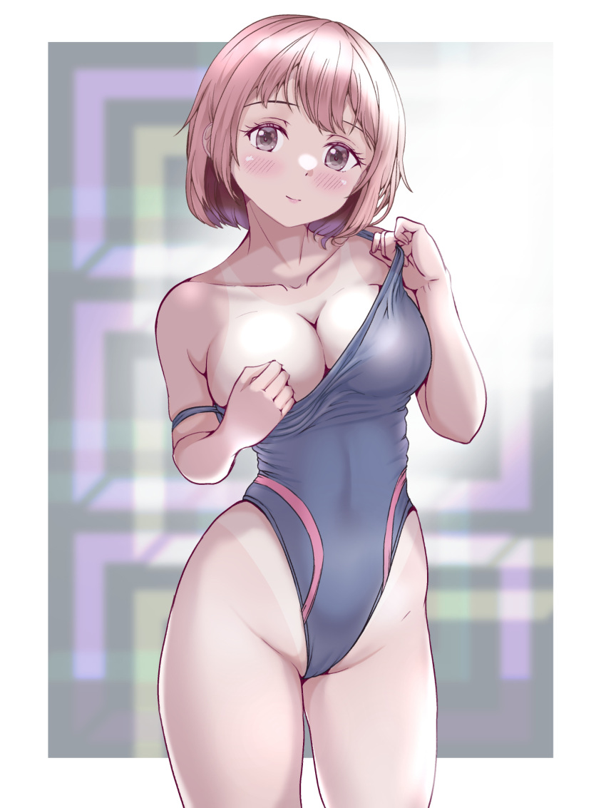 black_one-piece_swimsuit blurry breasts brown_eyes clothes_pull commentary_request competition_school_swimsuit competition_swimsuit cowboy_shot depth_of_field female groin highleg highleg_swimsuit highres large_breasts mashinatsu one-piece_swimsuit one-piece_swimsuit_pull original pink_hair school_swimsuit short_hair solo standing strap_slip swimsuit tan tanlines