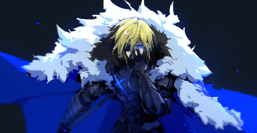 1boy absurdres armor black_background blonde_hair blue_cape blue_eyes breastplate cape chinese_commentary commentary_request dimitri_alexandre_blaiddyd eyepatch fire_emblem fire_emblem:_three_houses fur_trim gauntlets hair_between_eyes hand_on_own_face highres holding holding_polearm holding_weapon looking_at_viewer male_focus medium_hair one_eye_covered polearm simple_background solo standing upper_body weapon yumuto_(spring1786)