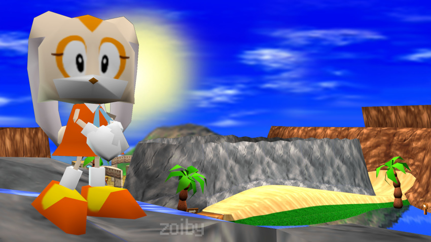 16:9 3d_(artwork) anthro black_eyes clothing cloud cream_the_rabbit digital_media_(artwork) dress female fur hi_res island low_poly orange_body orange_fur plant retro sega solo sonic_the_hedgehog_(series) sun tree widescreen young zoiby