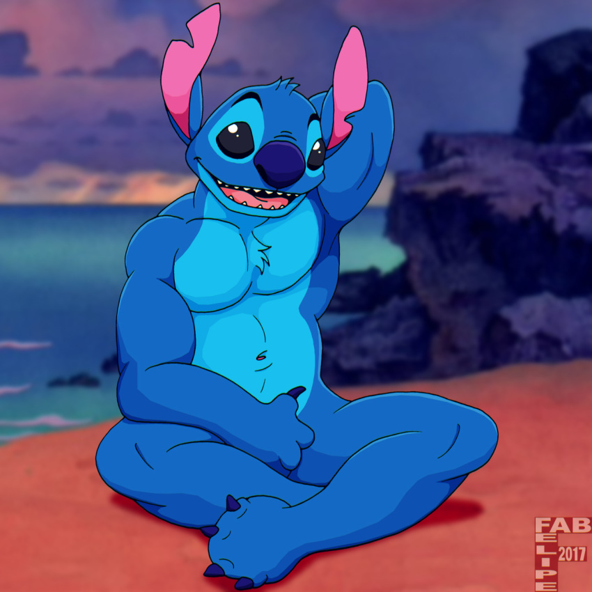 1:1 2017 4_toes alien anthro anthrofied beach biped black_eyes blue_body blue_claws blue_fur blue_nose chest_tuft chromatic_aberration claws covering covering_crotch covering_self crossed_legs digital_drawing_(artwork) digital_media_(artwork) disney experiment_(lilo_and_stitch) fabfelipe feet fur hand_behind_head head_tuft hi_res lilo_and_stitch looking_at_viewer male navel notched_ear nude open_mouth open_smile screencap screencap_background seaside sitting smile solo stitch_(lilo_and_stitch) toe_claws toes tuft