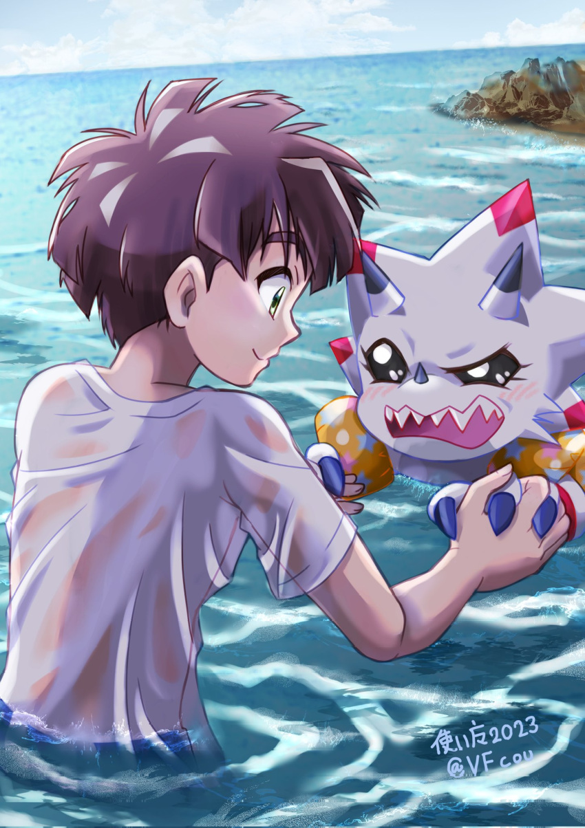 anthro bandai_namco blush brown_hair claws clothing digimon digimon_(species) digimon_ghost_game duo floaties gammamon gammamon_(ghost_game) green_eyes gulusgammamon hair hi_res hiro_amanokawa horn human male mammal sea shirt swimming t-shirt topwear vfcou water white_body young