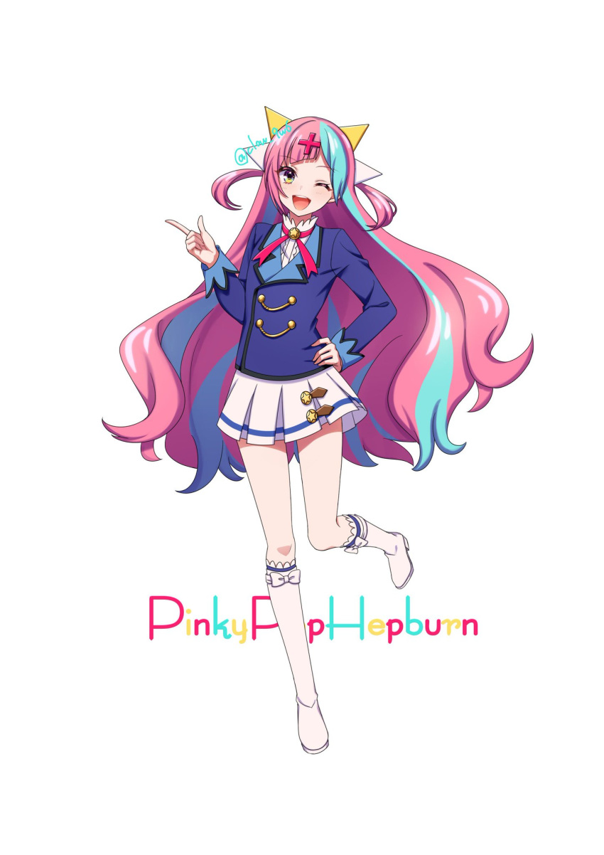 ;d aikatsu! aikatsu!_(series) blazer blush boots brown_scrunchie cardigan character_name clow cosplay diagonal_bangs dress english_text female frilled_legwear gloves hair_ornament half_gloves highres jacket knee_boots long_hair multicolored_hair neck_ribbon one_eye_closed open_mouth pink_ribbon pinky_pop_hepburn ribbon ribbon-trimmed_dress school_uniform scrunchie single_strap skirt smile solo starlight_academy_school_uniform the_moon_studio two-tone_bow two-tone_hair virtual_youtuber white_dress white_footwear x x_hair_ornament