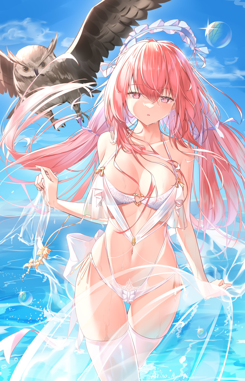 absurdres arino_ayarei arm_at_side azur_lane bare_arms bare_shoulders bikini bird blue_sky breasts bubble cleavage day female floating_hair frilled_hairband frills hair_between_eyes hairband halterneck hand_up heart_o-ring highres long_hair looking_at_viewer medium_breasts multi-strapped_bikini navel ocean owl parted_lips perseus_(azur_lane) pink_eyes pink_hair see-through sky sparkle standing stomach swimsuit thighhighs thighs twintails unworn_hairband wet white_bikini white_thighhighs