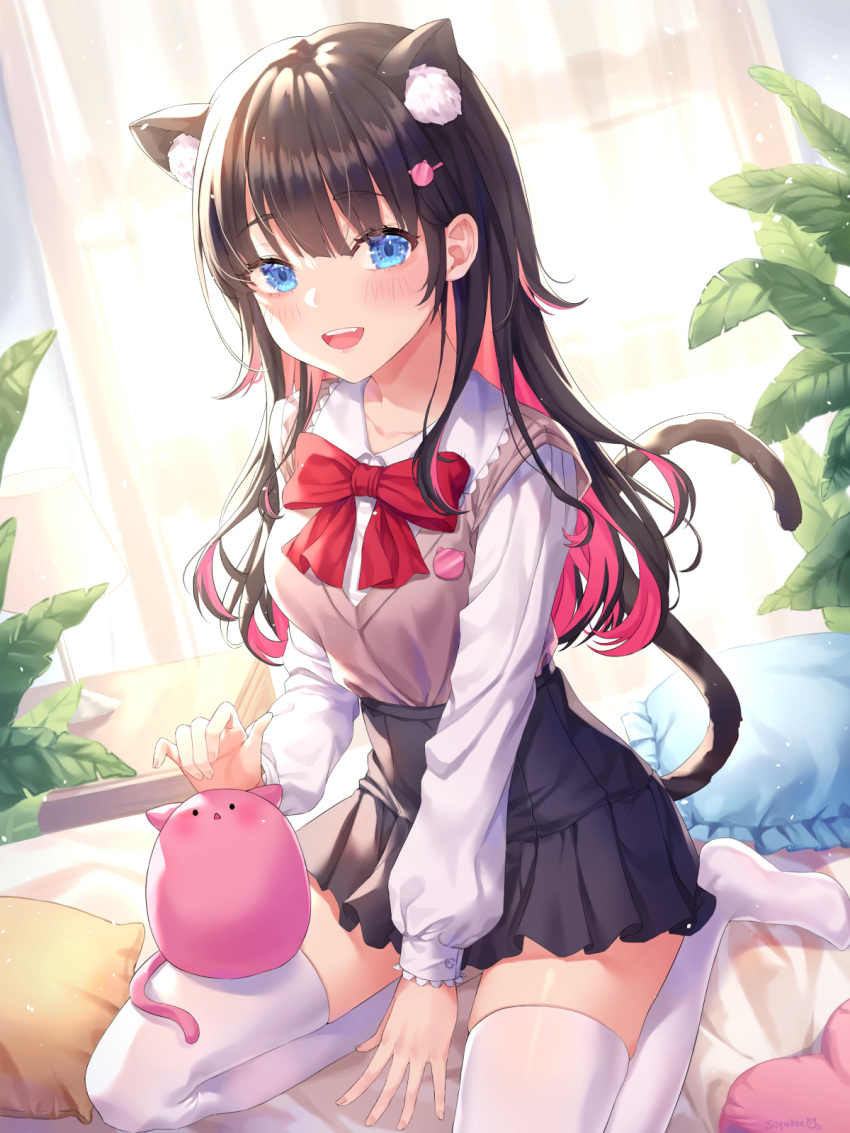 :d animal_ear_fluff animal_ears bed black_hair blue_eyes blue_skirt blush bow bowtie cat_ears cat_girl cat_tail curtains female hair_ornament highres indoors long_hair long_sleeves looking_at_viewer multicolored_hair open_mouth original pantyhose pillow plant pleated_skirt seiza shirt sitting skirt smile solo soyubee tail teeth two-tone_hair upper_teeth_only white_pantyhose white_shirt window