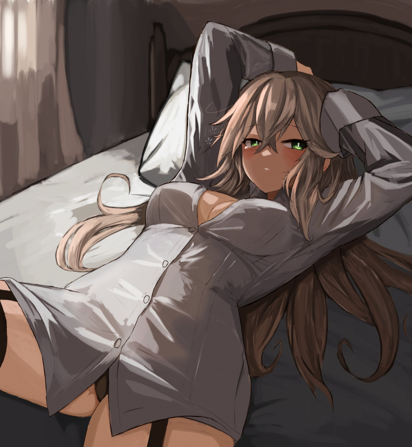 bed black_panties blush breasts closed_mouth female girls'_frontline green_eyes highres jsl_spitfire long_hair long_sleeves looking_at_viewer lying no_bra no_pants on_back on_bed open_clothes open_shirt panties partially_unbuttoned pillow r_scrubed shirt solo spitfire_(girls'_frontline) underwear white_hair white_shirt