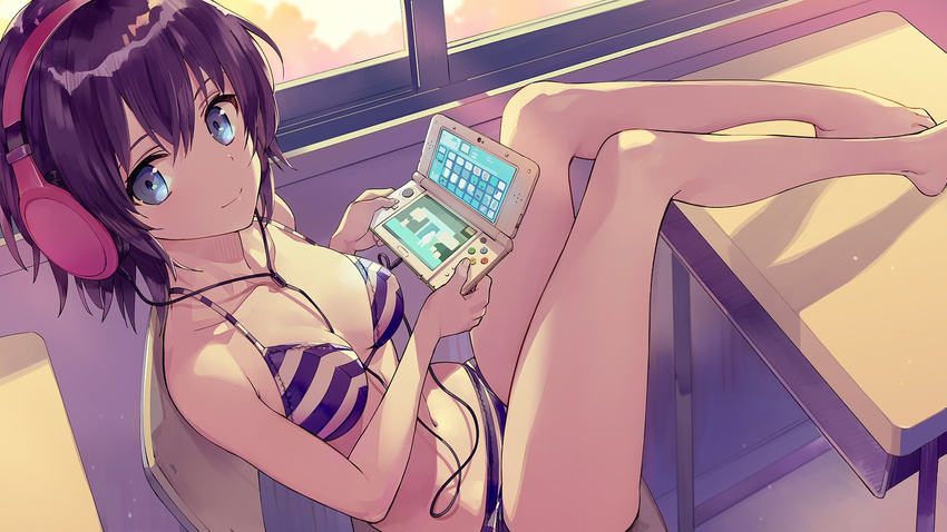 bare_legs barefoot between_breasts bikini black_hair blue_eyes breasts classroom closed_mouth collarbone commentary_request desk detexted end_card feet_on_table female gamers! handheld_game_console headphones highres hoshinomori_chiaki indoors legs looking_at_viewer medium_breasts navel new_nintendo_3ds ninomotonino nintendo_3ds playing_games resized school_desk short_hair smile solo striped_bikini striped_clothes swimsuit third-party_edit upscaled