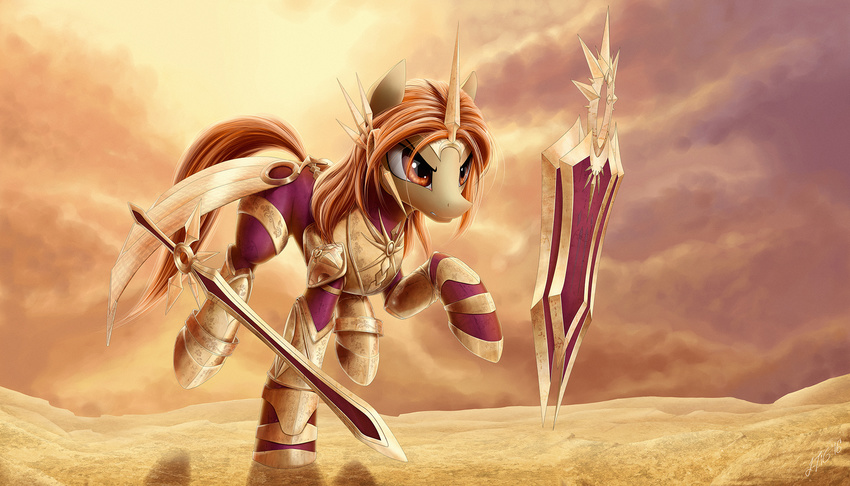 2016 anthro armor brown_eyes brown_hair crossover desert detailed equid equine female hair hasbro hi_res hooves horse league_of_legends leona_(lol) mammal melee_weapon my_little_pony pony riot_games sand shield solo sword tencent weapon zigword