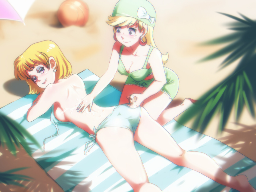 2girls beach bikini blonde_hair blurry bottle bow breasts brown_eyes cleavage commentary_request depth_of_field dimples_of_venus earrings hat jcm2 jewelry kneeling leni_loud looking_back lori_loud lotion lying makeup medium_breasts multiple_girls on_stomach sand shoulder_blades side-tie_bikini_bottom sideboob smile striped sunlight sunscreen swimsuit the_loud_house tree_shade untied_bikini