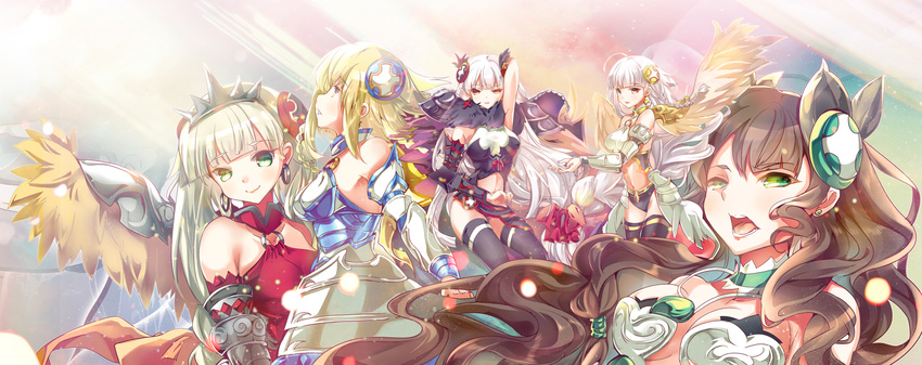 5girls bare_shoulders black_hair blonde_hair commentary dark_valkyrie_(p&d) fire_valkyrie_(p&d) green_eyes heco_(mama) highres light_valkyrie_(p&d) long_hair multiple_girls photoshop_(medium) puzzle_&_dragons red_eyes valkyrie_(p&d) water_valkyrie_(p&d) white_hair wings wood_valkyrie_(p&d)