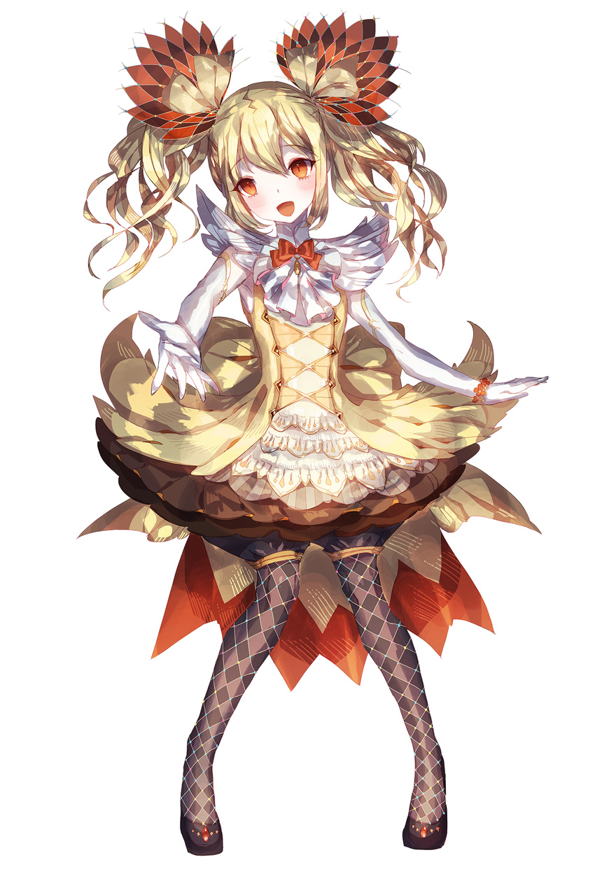 :d argyle_clothes argyle_legwear bad_id bad_pixiv_id black_footwear blonde_hair bracelet braixen elbow_gloves female full_body gloves hair_ornament highres jewelry lemming_no_suana long_hair looking_at_viewer open_mouth orange_eyes outstretched_hand personification pokemon shoes skirt smile solo standing twintails white_gloves yellow_skirt