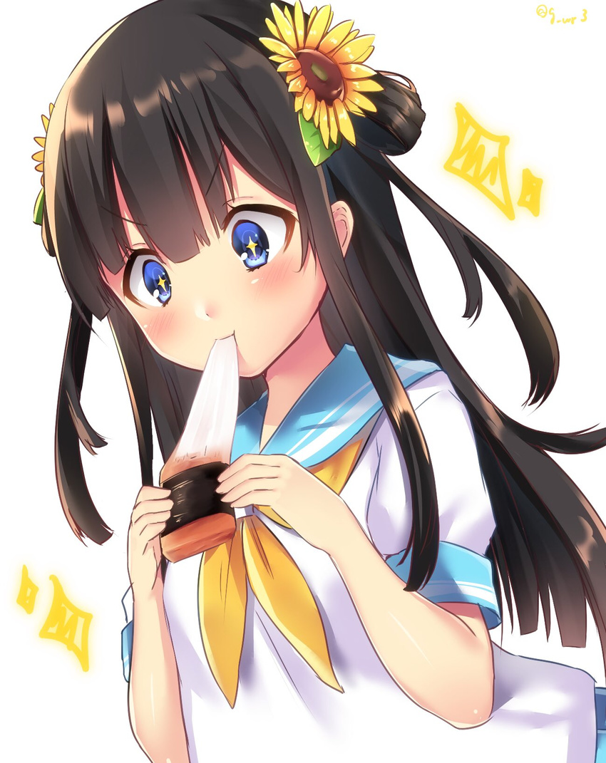 +_+ :t bad_id bad_twitter_id blue_eyes blush brown_hair eating female flower food hair_flower hair_ornament highres holding holding_food isobeyaki long_hair mochi navy_(navy.blue) neckerchief original school_uniform serafuku short_sleeves solo sparkle sparkling_eyes sunflower twitter_username v-shaped_eyebrows wagashi white_background