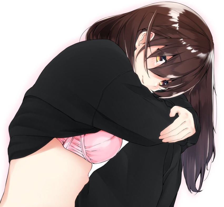 black_shirt blush bra breasts brown_hair closed_mouth clothes_lift commentary_request female hair_between_eyes highres long_hair long_sleeves looking_at_viewer medium_breasts original pink_bra shirt shirt_lift simple_background sitting solo underwear white_background yamakonbu yellow_eyes