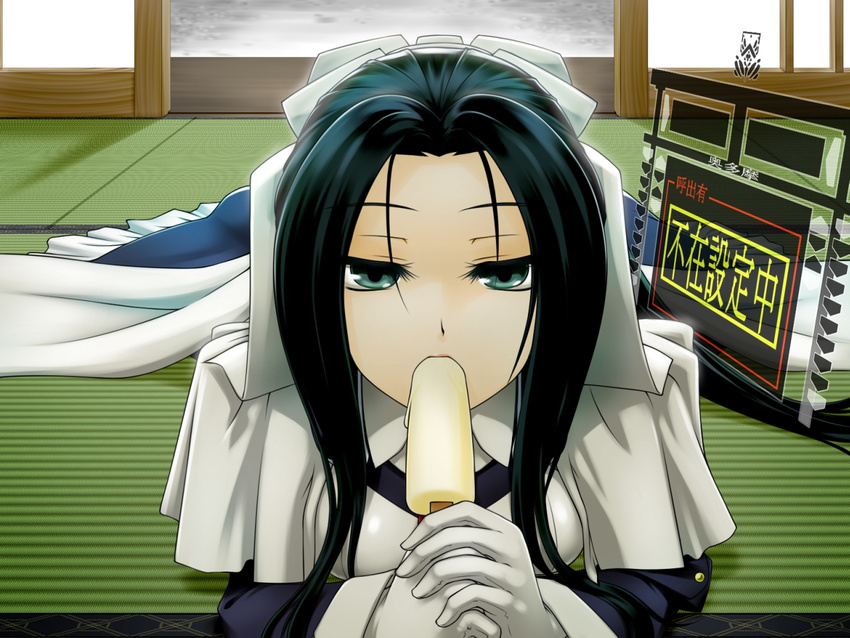 black_hair bodysuit breasts commentary_request female food gloves green_eyes kyoukaisenjou_no_horizon long_hair looking_at_viewer maid medium_breasts musashi_(horizon) necktie ponytail popsicle sexually_suggestive solo takuteks