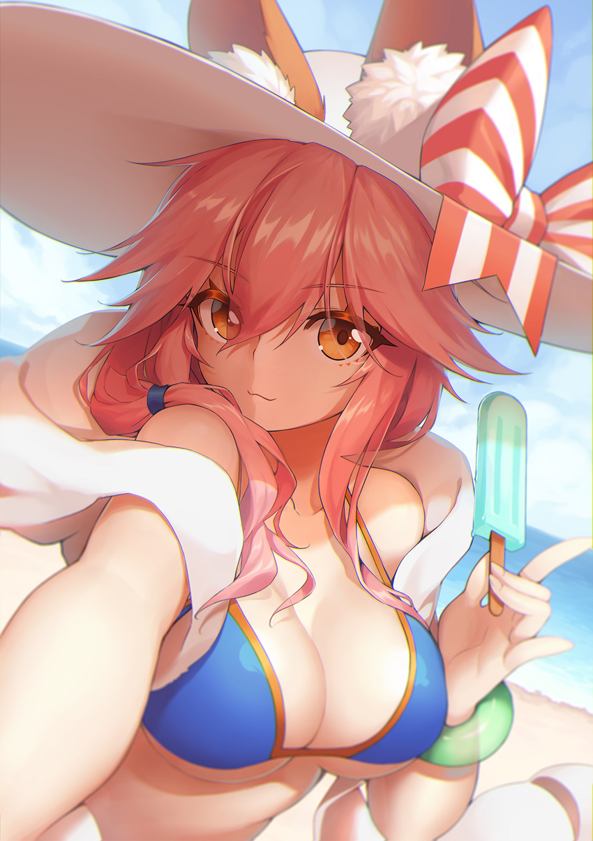 :3 animal_ears beach bikini bikini_top_only blue_bikini blue_sky blurry bow bracelet breasts cleavage closed_mouth commentary day depth_of_field dutch_angle ears_through_headwear eyes_visible_through_hair fate/grand_order fate_(series) female food fox_ears fox_shadow_puppet hair_between_eyes hair_over_shoulder hat hat_bow highres horizon jewelry large_breasts long_hair looking_at_viewer neko7 orange_eyes outdoors photoshop_(medium) pink_hair pinky_out popsicle reaching reaching_towards_viewer selfie sky solo sun_hat swimsuit tamamo_(fate) tamamo_no_mae_(swimsuit_lancer)_(fate) tamamo_no_mae_(swimsuit_lancer)_(third_ascension)_(fate) upper_body white_hat