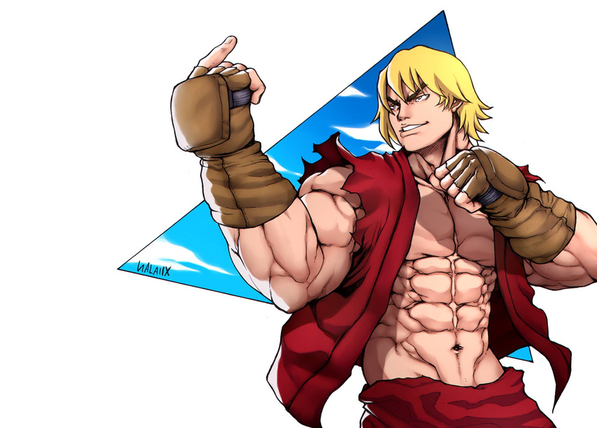 1boy abs blonde_hair come_at_me_bro commentary_request fighting_stance fingerless_gloves gloves groin highres ken_masters male_focus muscular navel obliques open_clothes salaiix sleeveless solo street_fighter thick_eyebrows