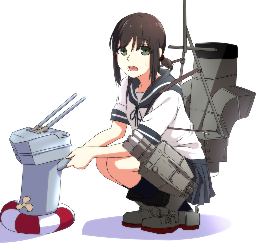 black_eyes commentary_request female fubuki_(kancolle) highres holding_hands kantai_collection looking_at_viewer low_ponytail lulu_heika machinery open_mouth pleated_skirt ponytail propeller rensouhou-chan school_uniform serafuku short_hair short_ponytail skirt squatting sweatdrop