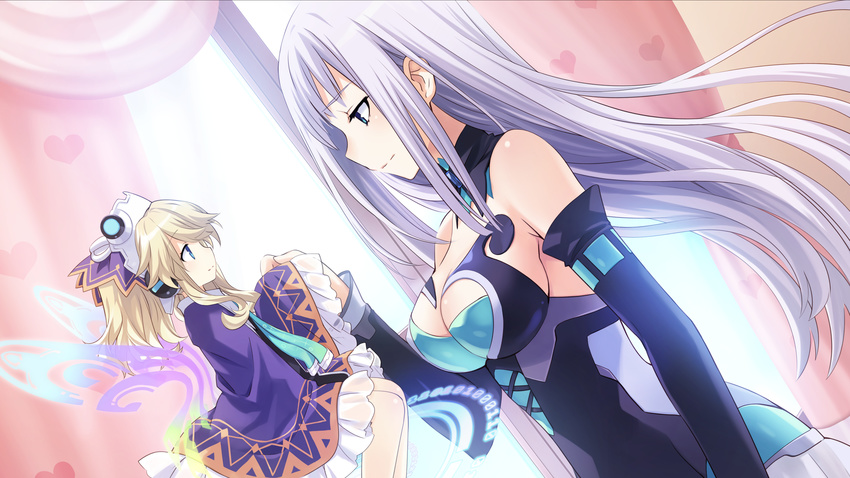 2girls absurdres blonde_hair blue_eyes breasts choujigen_game_neptune cleavage elbow_gloves fairy game_cg gloves highres histoire large_breasts long_hair magiquone minigirl multiple_girls neptune_(series) silver_hair spoilers