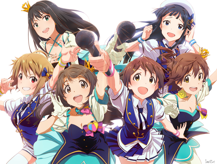 6+girls black_hair blue_eyes breasts brown_eyes brown_hair cleavage commentary_request green_eyes grin hair_ornament hairclip highres honda_mio ibuki_tsubasa idolmaster idolmaster_cinderella_girls idolmaster_million_live! kasuga_mirai korean_commentary long_hair looking_at_viewer medium_breasts mogami_shizuka multiple_girls one_side_up open_mouth pinuett shibuya_rin shimamura_uzuki short_hair smile star!!_(idolmaster)