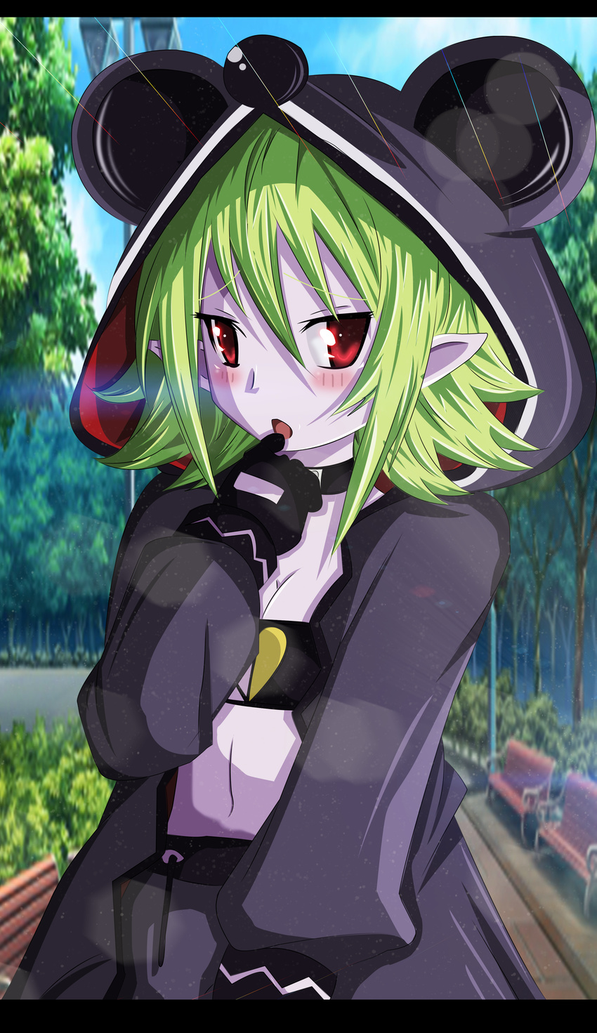 absurdres animal_hood bandeau bench black_gloves blush breasts cleavage commentary english_commentary female gloves green_hair hair_ornament highres hood letterboxed linda_(neptunia) navel navel_piercing neptune_(series) open_mouth outdoors piercing planeptune pointy_ears red_eyes small_breasts solo tree tsurime