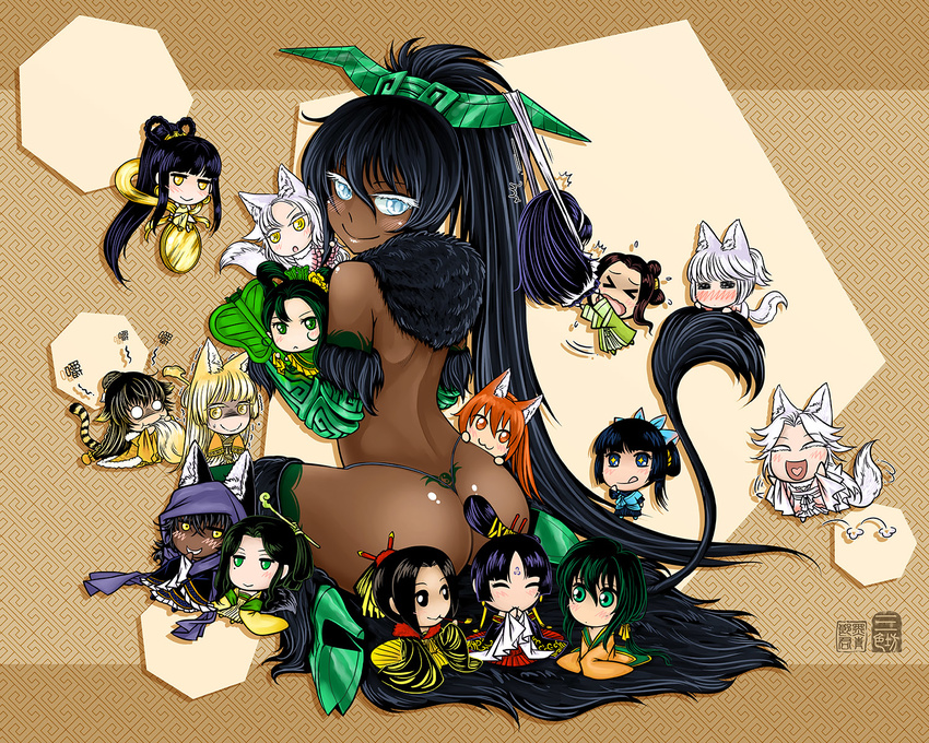 6+girls animal_ears antaria ass black_eyes black_hair blue_eyes blush character_request chi_you chibi chinese_clothes chinese_mythology chinese_text closed_eyes commentary dark-skinned_female dark_skin green_eyes hair_ornament hand_fan heart highres journey_to_the_west looking_back multiple_girls no_pupils open_mouth photoshop_(medium) smile tail tie_shan_gongzhu tiger_tail tongue translated yellow_eyes yin_yang yu_mian_gongzhu