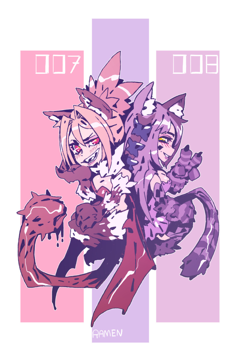 2girls absurdres animal_ears animal_hands artist_name back-to-back blush bow cat_ears cat_tail cheshire_cat_(monster_girl_encyclopedia) claws elbow_gloves gloves grin hair_intakes hairbow highres long_hair looking_at_viewer low_wings manticore_(monster_girl_encyclopedia) monster_girl monster_girl_encyclopedia multiple_girls orange_hair parted_lips ponytail prehensile_tail purple_bow purple_gloves purple_hair ramenwarwok red_eyes smile tail wings wolf_ears