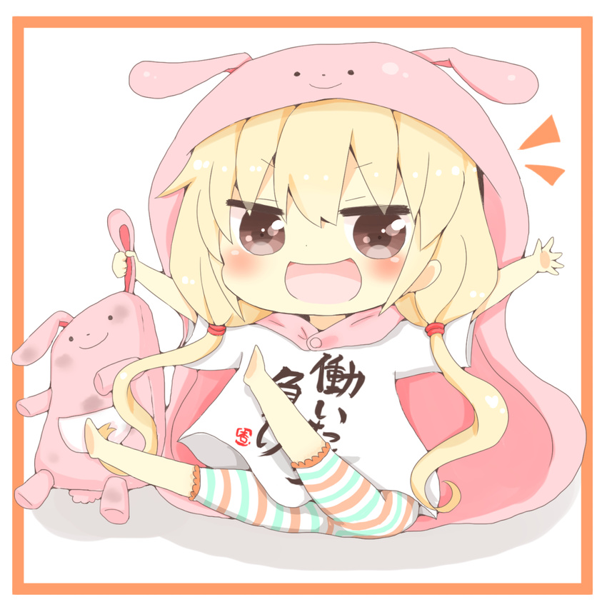 blonde_hair brown_eyes chibi clothes_writing commentary_request cosplay doma_umaru doma_umaru_(cosplay) female futaba_anzu highres himouto!_umaru-chan hood idolmaster idolmaster_cinderella_girls iwari_(kerokeroboushi) komaru_(himouto!_umaru-chan) komaru_(himouto!_umaru-chan)_(cosplay) long_hair looking_at_viewer open_mouth shirt smile solo stuffed_animal stuffed_rabbit stuffed_toy t-shirt trait_connection twintails you_work_you_lose