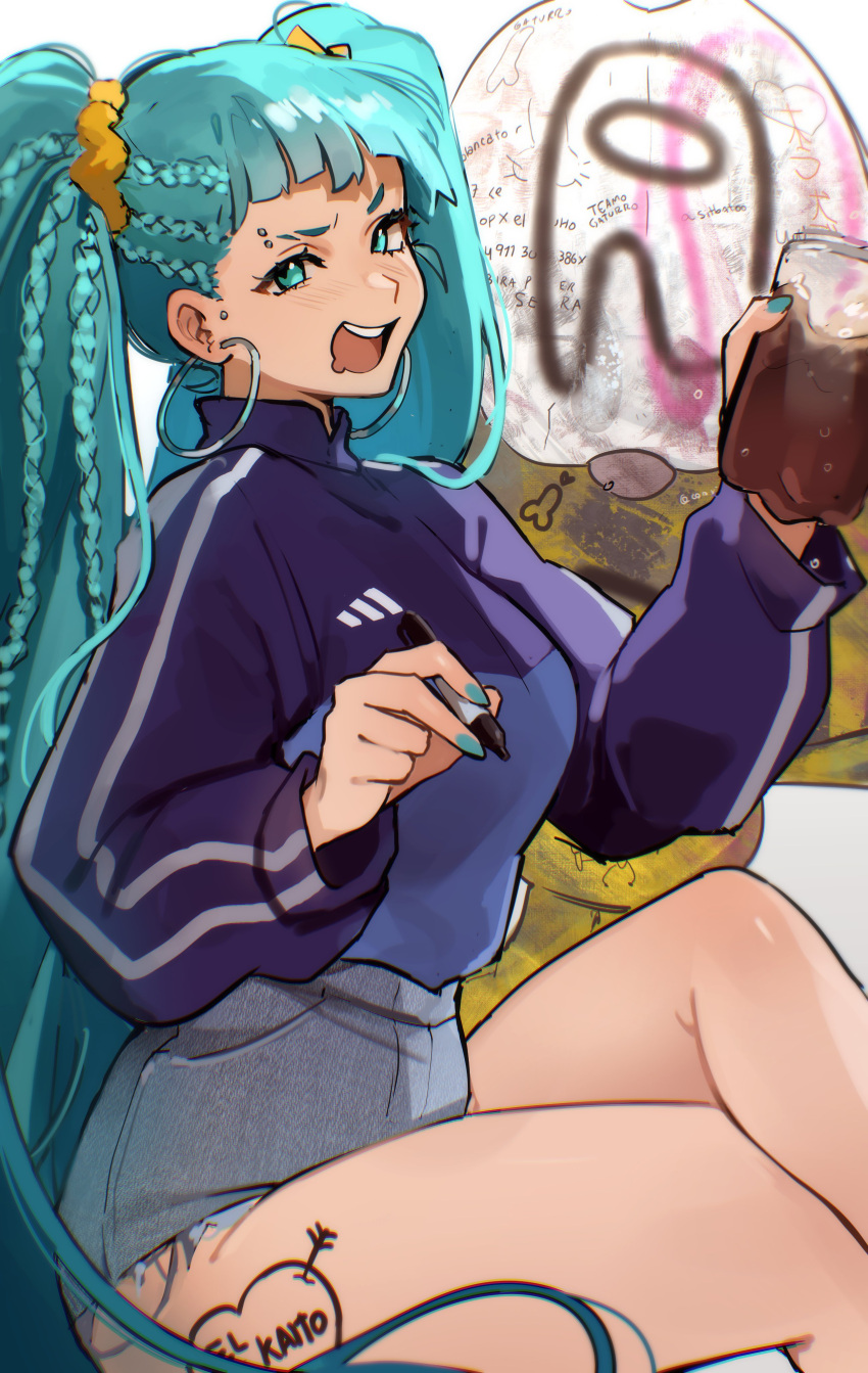 absurdres alternate_costume among_us aqua_eyes aqua_hair aqua_nails bare_legs blue_jacket blush braid commentary_request crewmate_(among_us) crossed_legs denim denim_shorts drink earrings eyebrow_piercing female hair_ornament hair_scrunchie hatsune_miku highres holding holding_drink holding_pen hoop_earrings jacket jewelry leg_tattoo long_hair long_sleeves momote open_mouth pen piercing scrunchie shorts smile solo spanish_commentary tattoo track_jacket twintails vocaloid