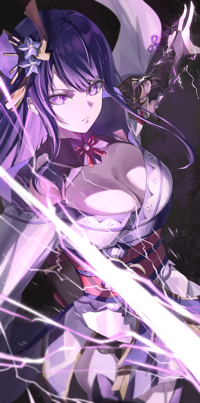 absurdres breasts choker cleavage cowboy_shot female floating_hair genshin_impact highres japanese_clothes kimono large_breasts long_hair mole mole_under_eye obi outstretched_arm parted_lips purple_choker purple_eyes purple_hair purple_kimono raiden_shogun saico_isshin sash short_kimono solo