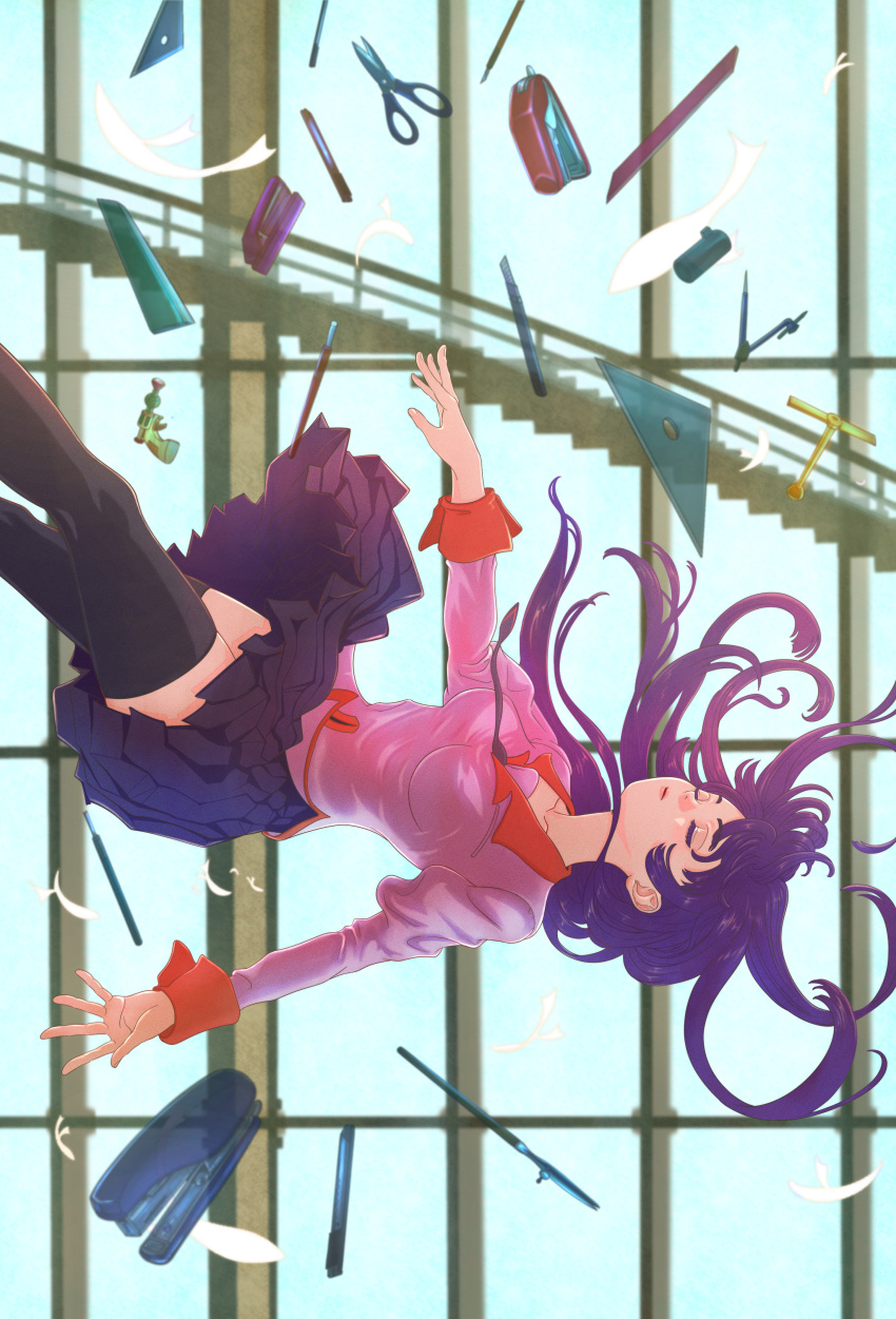 absurdres bakemonogatari black_thighhighs breasts closed_eyes closed_mouth collarbone collared_shirt compass_(instrument) falling feet_out_of_frame female floating_hair highres impossible_clothes impossible_shirt indoors juliet_sleeves long_hair long_sleeves medium_breasts miniskirt monogatari_(series) naoetsu_high_school_uniform pen pencil pink_shirt pleated_skirt puffy_sleeves purple_hair ruler school_uniform scissors senjougahara_hitagi shirt shyiek_art skirt solo stairs stapler stationery thighhighs window