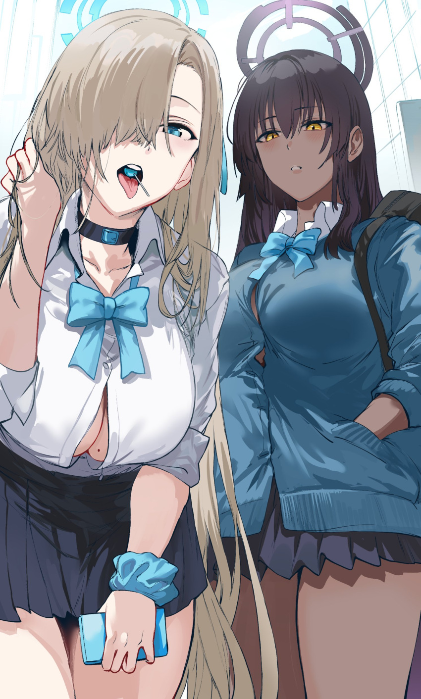 2girls absurdres asuna_(blue_archive) black_choker black_hair black_skirt blonde_hair blue_archive blue_bow blue_bowtie blue_cardigan blue_halo blue_scrunchie blue_vest bow bowtie breasts candy cardigan cardigan_vest choker cleavage dark-skinned_female dark_skin food grey_halo hair_over_one_eye halo hand_in_own_hair hand_up hews highres holding holding_phone jacket karin_(blue_archive) large_breasts leaning_forward lollipop looking_at_viewer loose_bowtie mole mole_on_breast multiple_girls parted_lips phone pleated_skirt scrunchie shirt skirt sweater_vest thighs tongue tongue_out vest white_shirt wing_collar yellow_eyes