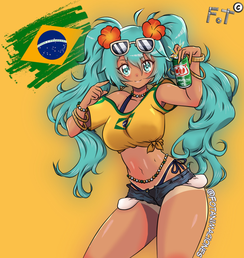 alternate_breast_size aqua_eyes aqua_hair bikini blue_bikini bracelet brazilian_flag brazilian_flag_print brazilian_miku breasts can closed_mouth denim denim_shorts drink_can earrings eyebrows_hidden_by_hair feet_out_of_frame female fotanimaciones guarana_antarctica hair_between_eyes hatsune_miku highres holding holding_can jersey jewelry large_breasts light_blush lipstick long_hair looking_at_viewer makeup navel opening_can portuguese_text shirt short_shorts shorts simple_background smile soda_can solo stomach swimsuit twintails very_long_hair vocaloid yellow_shirt