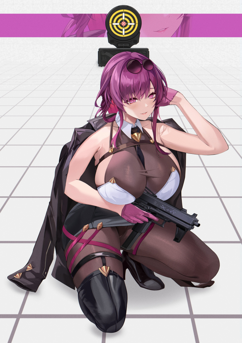 absurdres between_breasts black_coat black_footwear black_necktie black_skirt black_thighhighs breasts brown_pantyhose coat commentary crossover eyewear_on_head female gloves goddess_of_victory:_nikke gun hair_between_eyes handgun hido_(cherryhido) high_heels highres holding holding_gun holding_weapon honkai:_star_rail honkai_(series) kafka_(honkai:_star_rail) large_breasts lips long_hair long_sleeves necktie necktie_between_breasts pantyhose purple_eyes purple_gloves purple_hair round_eyewear shooting_range sidelocks skirt smile solo squatting sunglasses target thighhighs weapon