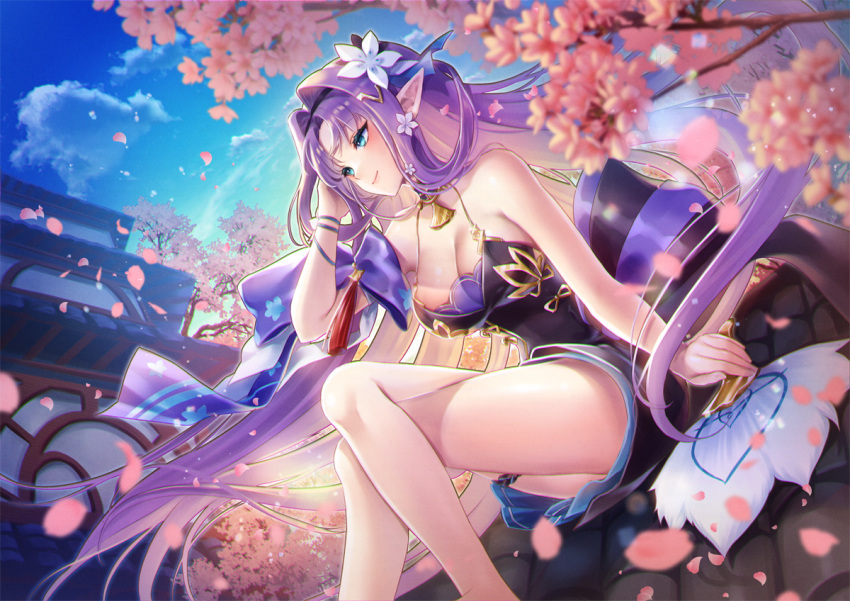 amid_(epic_seven) breasts cherry_blossoms cleavage dress epic_seven female flower hair_flower hair_ornament hand_fan hand_in_own_hair hobak holding holding_fan long_hair medium_breasts on_roof pointy_ears purple_hair sitting_on_roof sleeveless sleeveless_dress