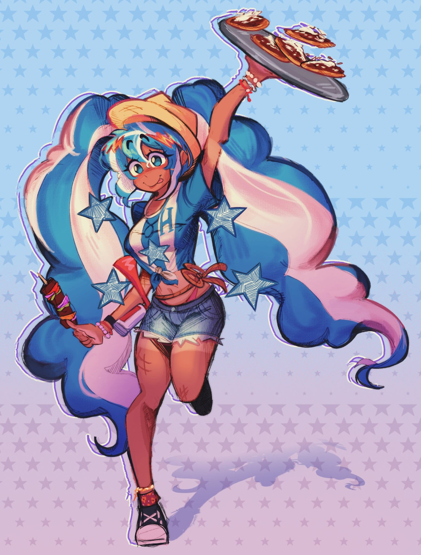 arm_up big_hair blue_eyes blue_hair blue_shorts bracelet female flag_print food full_body hat hatsune_miku highres holding holding_food holding_tray honduran_flag honduras jewelry lattelattoso leg_up long_hair midriff multicolored_hair multiple_bracelets rope shirt short_sleeves shorts shorts_tan smile solo standing star_(symbol) streaked_hair tan tanlines tied_shirt tongue tongue_out tray twintails very_long_hair vocaloid