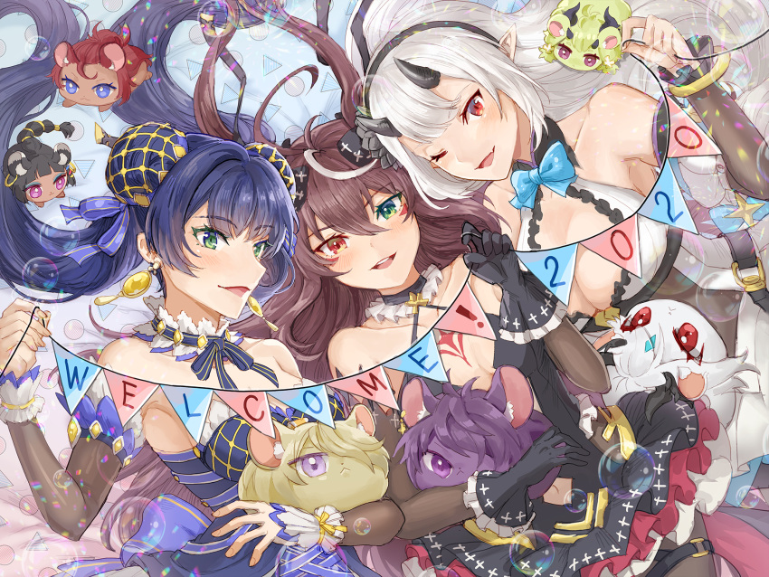 2020 3girls animal_ears bellona_(epic_seven) belt black_gloves black_ribbon blue_ribbon bow bracelet breasts brown_hair cleavage collar detached_collar dragon_horns epic_seven facial_mark frilled_collar frilled_skirt frilled_sleeves frilled_wrist_cuffs frills from_above gloves green_eyes grey_hair hair_between_eyes hair_bun hair_ribbon hair_spread_out hairband halterneck hamster_ears heterochromia highres holding holding_string holding_stuffed_toy horns jewelry long_hair luluca_(epic_seven) lying medium_breasts multiple_girls new_year on_back open_mouth pennant pointy_ears purple_hair purple_ribbon red_eyes ribbon skirt smile string string_of_flags stuffed_toy sungja upper_body wrist_cuffs yufine_(epic_seven)