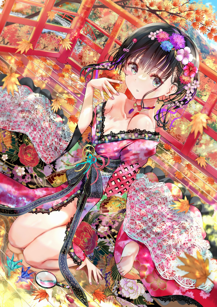 absurdres autumn autumn_leaves black_hair blue_eyes blue_flower breasts cleavage collarbone day dutch_angle female floating_hair flower hair_between_eyes hair_flower hair_ornament highres japanese_clothes kimono kneeling leaf long_hair long_sleeves looking_at_viewer maple_leaf multicolored_hair nail_polish no_panties ogata_tei original outdoors parted_lips pink_hair pink_nails purple_flower red_flower red_kimono small_breasts solo two-tone_hair