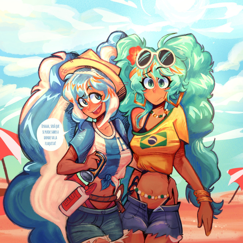 2girls aqua_eyes aqua_hair beach bead_choker belly_chain big_hair bikini black_bikini blue_eyes blue_hair bracelet brazil brazilian_flag brazilian_flag_print brazilian_miku can cowboy_shot day exposed_pocket eyewear_on_head flag_print flower hair_flower hair_ornament hat hatsune_miku highres holding holding_can honduran_flag honduras jewelry lattelattoso long_hair midriff multicolored_hair multiple_bracelets multiple_girls navel open_mouth outdoors print_shirt red_flower rope round_eyewear sand shirt short_sleeves shorts_tan single_bare_shoulder smile spanish_text speech_bubble streaked_hair sunglasses swimsuit tan tanlines tied_shirt translation_request twintails umbrella very_long_hair vocaloid white-framed_eyewear white_hair yellow_shirt