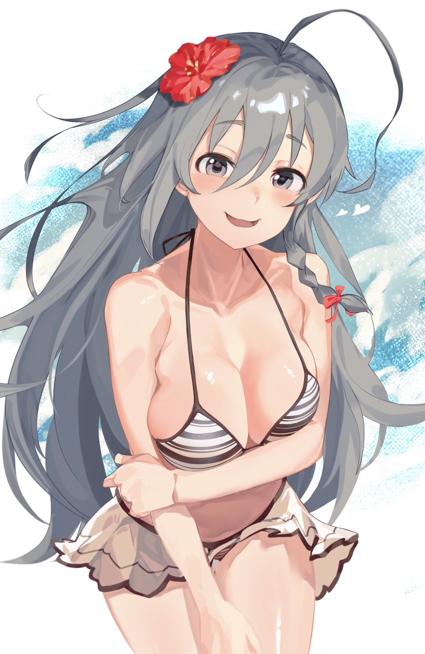 absurdres aged_up ahoge bikini bikini_skirt blush braid breasts cleavage collarbone commentary_request cosplay female flower grey_hair hair_between_eyes hair_flower hair_ornament highres holding_own_arm hoshi_syoko ichinose_shiki ichinose_shiki_(cosplay) idolmaster idolmaster_cinderella_girls large_breasts long_hair looking_at_viewer single_braid smile solo striped_bikini striped_clothes swimsuit takesoboro very_long_hair