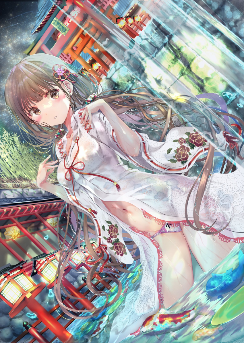 blunt_bangs blush brown_eyes brown_hair collarbone dutch_angle female fish floating_hair hair_ribbon highres japanese_clothes kimono long_hair long_sleeves midriff navel night ogata_tei open_clothes open_kimono original outdoors panties parted_lips red_ribbon ribbon ribbon-trimmed_sleeves ribbon_trim sky solo star_(sky) starry_sky stomach twintails underwear very_long_hair wading wet wet_clothes wet_panties white_kimono wide_sleeves