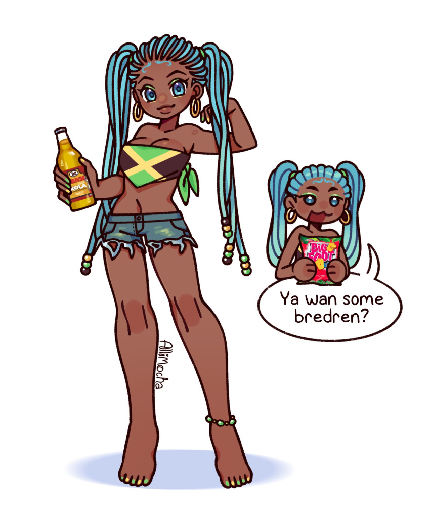 allimocha alternate_skin_color bikini bikini_top_only blue_eyes bottle breasts chibi commentary dark-skinned_female dark_skin earrings female green_hair hatsune_miku highres holding holding_bottle jamaica jamaican_flag jewelry lips long_hair medium_breasts navel necklace open_mouth smile solo speech_bubble swimsuit twintails very_long_hair vocaloid