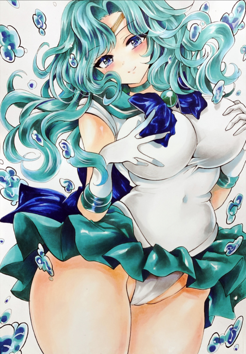 aqua_choker aqua_gemstone aqua_hair aqua_sailor_collar aqua_skirt bishoujo_senshi_sailor_moon blue_bow blue_bowtie blue_eyes blush bow bowtie breasts bubble closed_mouth covered_navel cowboy_shot elbow_gloves female gloves hands_on_own_chest highres kaiou_michiru large_breasts leotard long_hair looking_at_viewer miniskirt parted_bangs pleated_skirt sailor_collar sailor_neptune sailor_senshi_uniform skirt smile solo tiara traditional_media twobee upper_body wavy_hair white_background white_gloves white_leotard