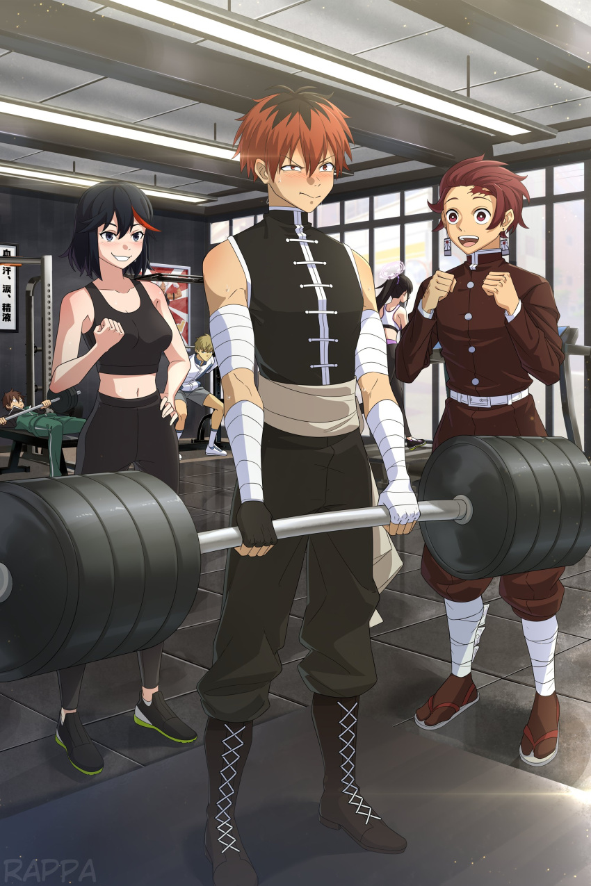 2girls 4boys absurdres belt black_footwear black_hair black_shirt blonde_hair blue_archive blush boku_no_hero_academia boots bow breasts brown_eyes brown_hair buruma character_request cheering crop_top deadlift earrings exercising flip-flops green_jacket green_pants grey_eyes gym hair_between_eyes halo hand_on_own_hip highres indoors jacket jewelry kamado_tanjirou kill_la_kill kimetsu_no_yaiba kono_subarashii_sekai_ni_shukufuku_wo! long_hair long_sleeves medium_breasts medium_hair mirko multicolored_hair multiple_boys multiple_girls orange_eyes orange_hair pants purple_halo rappa red_bow sandals satou_kazuma scar scar_on_face scar_on_forehead shirt shoes short_hair sleeveless sleeveless_shirt smile sousou_no_frieren squatting stark_(sousou_no_frieren) streaked_hair sumire_(blue_archive) sweat sweatdrop track_jacket track_pants treadmill weightlifting white_belt