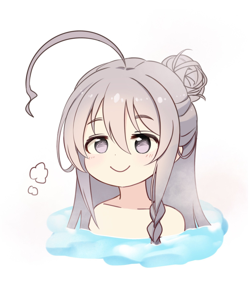 absurdres ahoge bathing braid chibi commentary_request female grey_eyes grey_hair hair_bun highres hoshi_syoko huge_ahoge idolmaster idolmaster_cinderella_girls long_hair nude partially_submerged side_braid smile solo takesoboro upper_body water