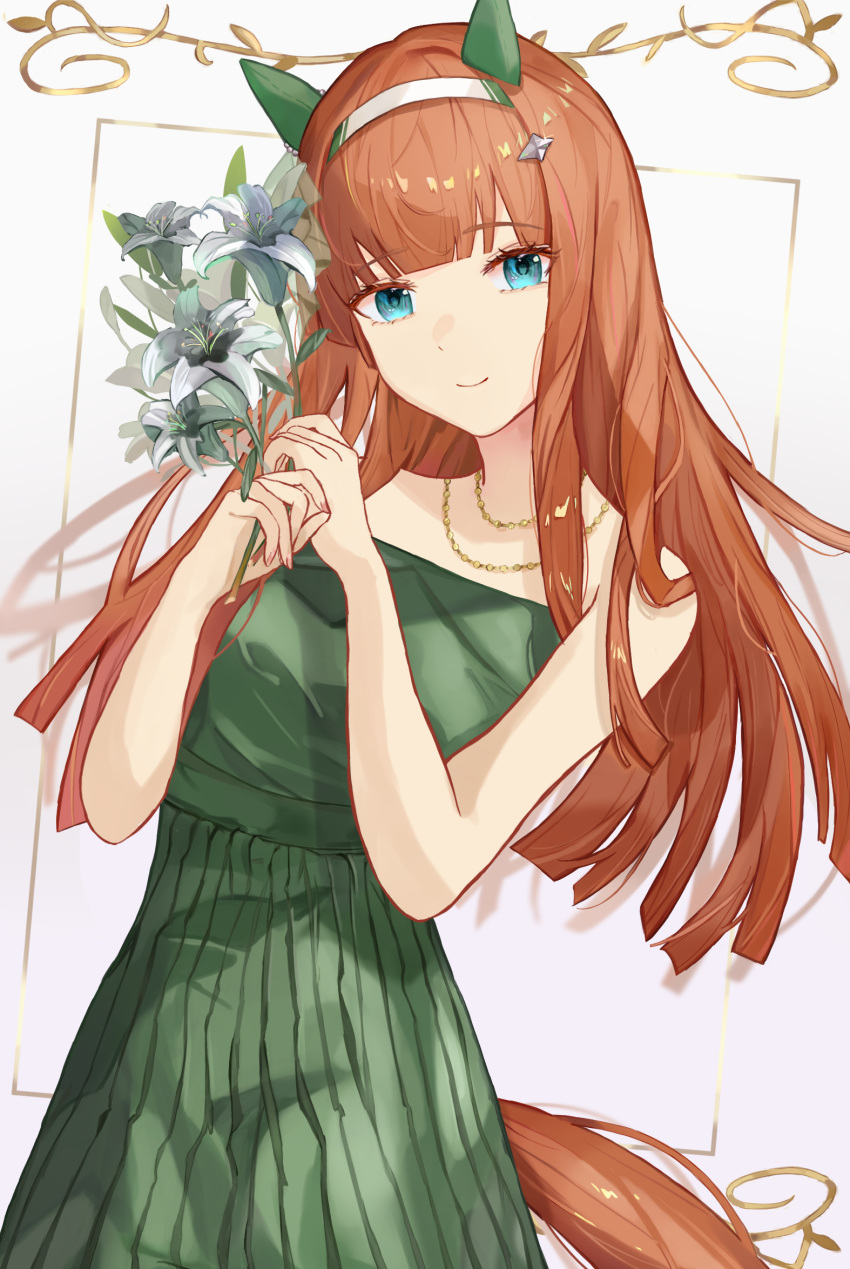 animal_ears blue_eyes blunt_bangs breasts capelet closed_mouth commentary_request dress female flower green_dress grey_hairband hairband highres holding holding_flower horse_girl horse_tail jewelry long_hair looking_at_viewer medium_breasts name_connection necklace notice_lines orange_hair pleated_dress red_capelet revision silence_suzuka_(umamusume) simple_background smile solo standing tail umamusume watage_tanpopo white_background