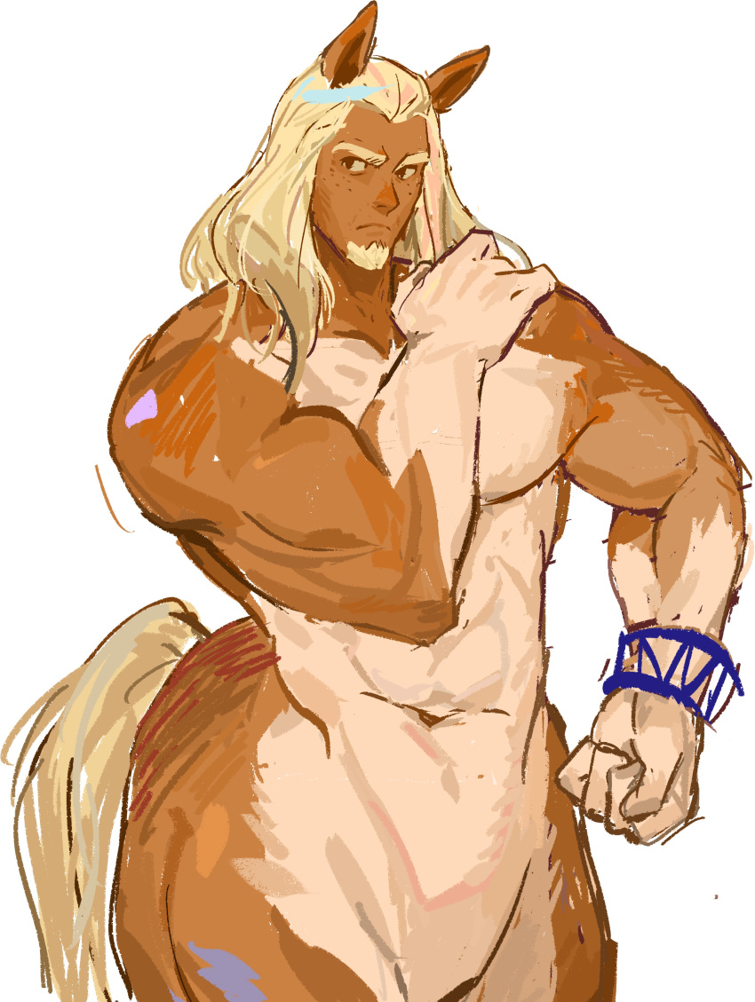 1boy absurdres animal_ears centaur clenched_hand closed_mouth cloud_meadow colored_skin cowboy_shot facial_hair freckles goatee hand_on_own_shoulder highres horse_ears hqzt22340256 long_hair looking_to_the_side male_focus monster_boy multicolored_skin muscular muscular_male navel simple_background solo tail taur white_background