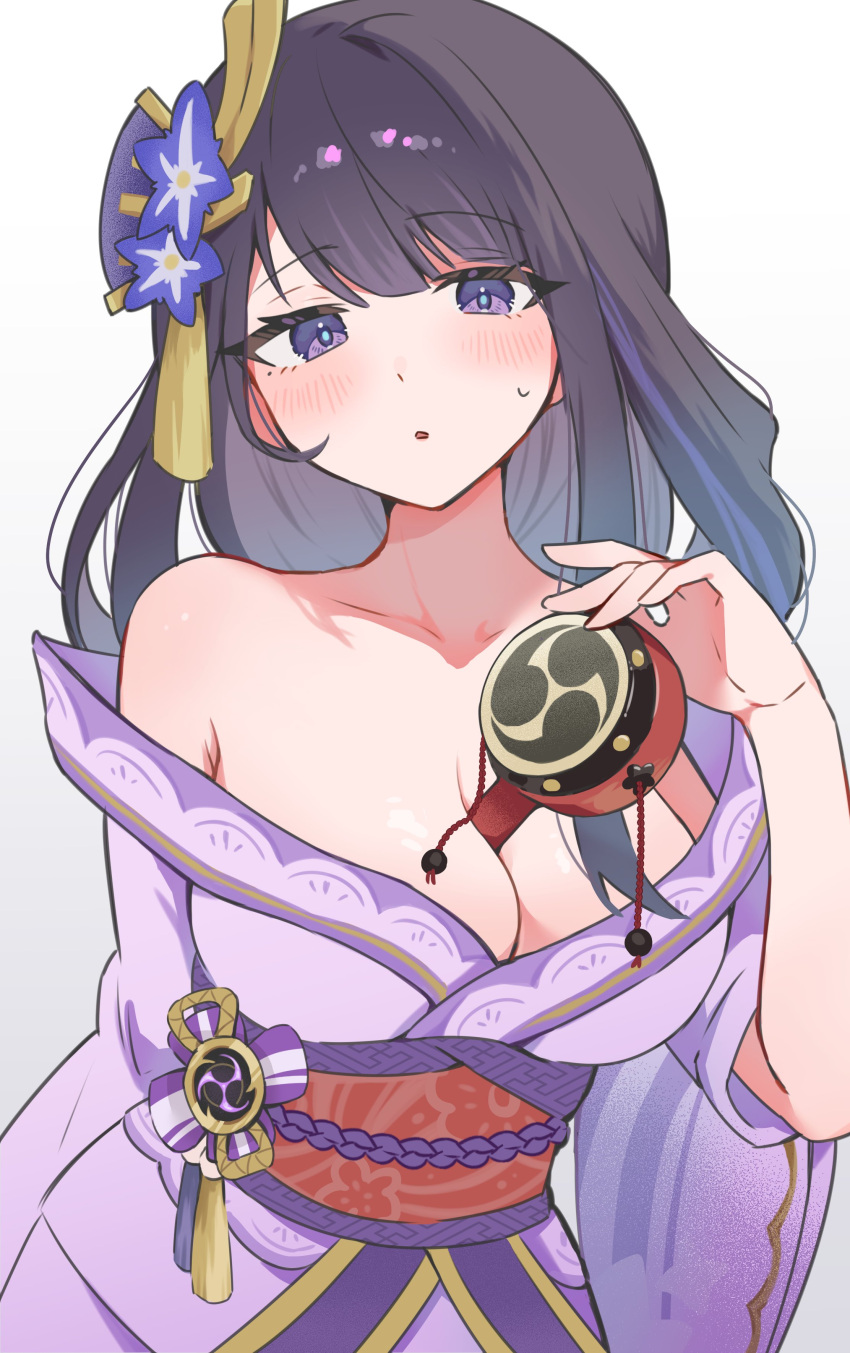 absurdres bare_shoulders between_breasts blunt_bangs blush braid breasts center_opening cleavage collarbone enipa_28 female genshin_impact hair_ornament hand_up highres japanese_clothes large_breasts long_hair looking_at_viewer mitsudomoe_(shape) mole mole_under_eye off_shoulder purple_eyes purple_hair raiden_shogun rattle_drum simple_background single_braid solo standing sweatdrop tomoe_(symbol) white_background