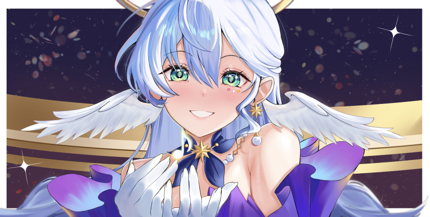 absurdres aqua_eyes armpit_crease bare_shoulders bead_necklace beads blue_hair collar commentary detached_sleeves earrings female gloves hair_between_eyes halo head_wings highres honkai:_star_rail honkai_(series) jewel_under_eye jewelry light_blush long_hair looking_at_viewer necklace portrait purple_collar robin_(honkai:_star_rail) smile solo sparkle white_gloves wings y_osu