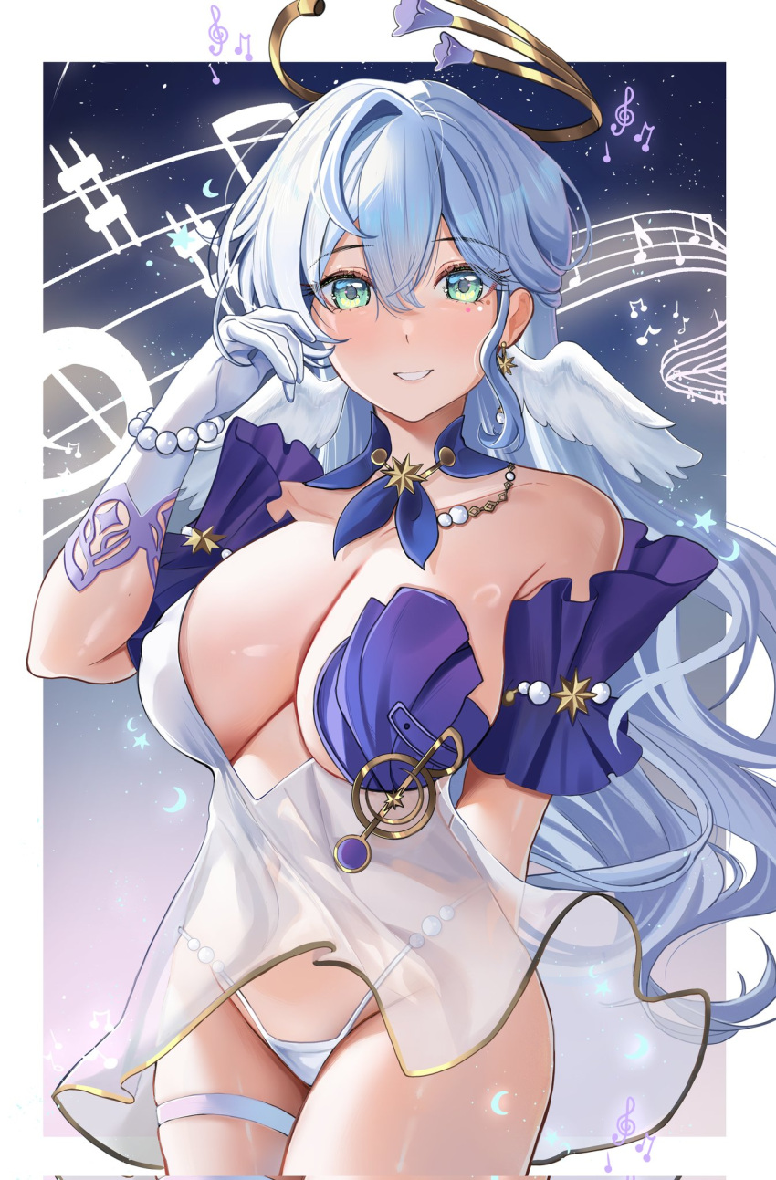 adapted_costume alternate_breast_size aqua_eyes arm_behind_back blue_hair breasts cleavage collar covered_navel cowboy_shot earrings female gloves groin hair_between_eyes halo hand_in_own_hair head_wings highres honkai:_star_rail honkai_(series) huge_breasts jewelry long_hair musical_note necklace panties purple_collar robin_(honkai:_star_rail) see-through single_hair_intake skindentation smile solo standing thigh_strap underwear white_gloves white_panties wings y_osu