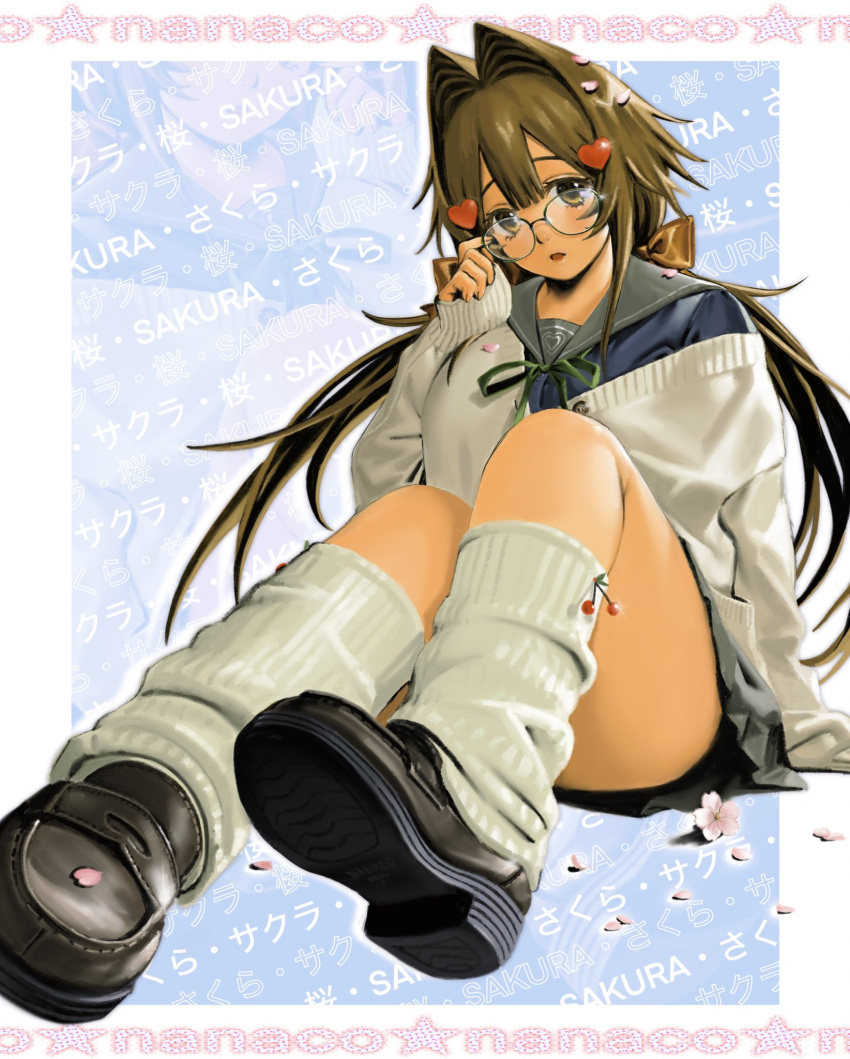 black_footwear black_skirt blue_shirt bow brown_bow brown_eyes brown_hair character_name female full_body glasses glint green_ribbons grey_sailor_collar hair_ornament hairbow heart heart_hair_ornament highres hott0g111 knees_up long_hair nanaco_(hott0g111) original parted_lips ribbon sailor_collar shirt shoes skirt sleeves_past_wrists socks solo sweater white_socks white_sweater