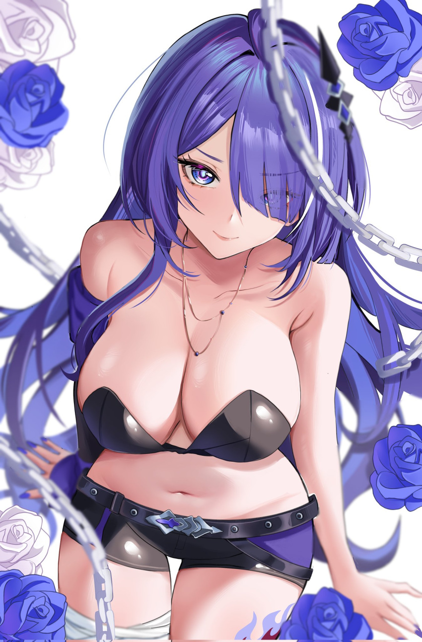 acheron_(honkai:_star_rail) adapted_costume alternate_costume armpit_crease bandaged_leg bandages bare_shoulders belt black_belt black_bra black_shorts blue_flower blue_rose bra breasts chains cleavage commentary eyes_visible_through_hair female flower hair_ornament hair_over_one_eye highres honkai:_star_rail honkai_(series) huge_breasts jewelry knees_out_of_frame leg_tattoo looking_at_viewer midriff multicolored_hair nail_polish navel necklace purple_eyes purple_hair purple_nails rose short_shorts shorts smile solo streaked_hair tattoo thighs underwear white_background white_flower white_rose y_osu